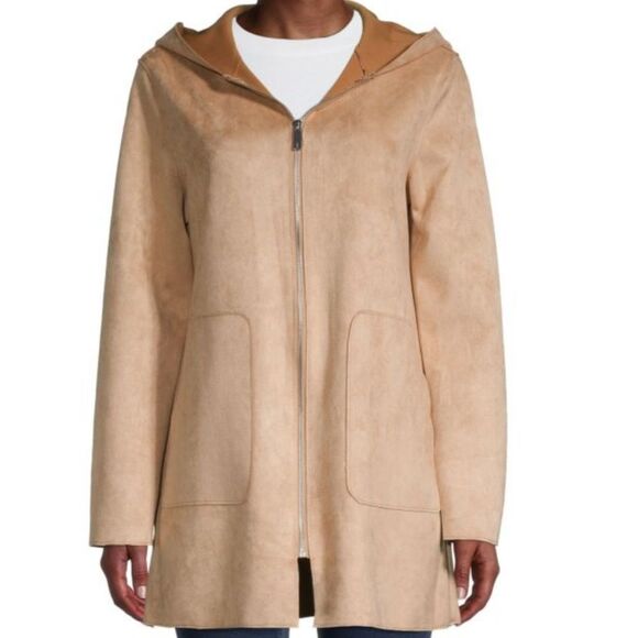 Joan Vass Jackets & Blazers - Joan Vass Faux Suede Camel Colored Hooded Coat Size XL